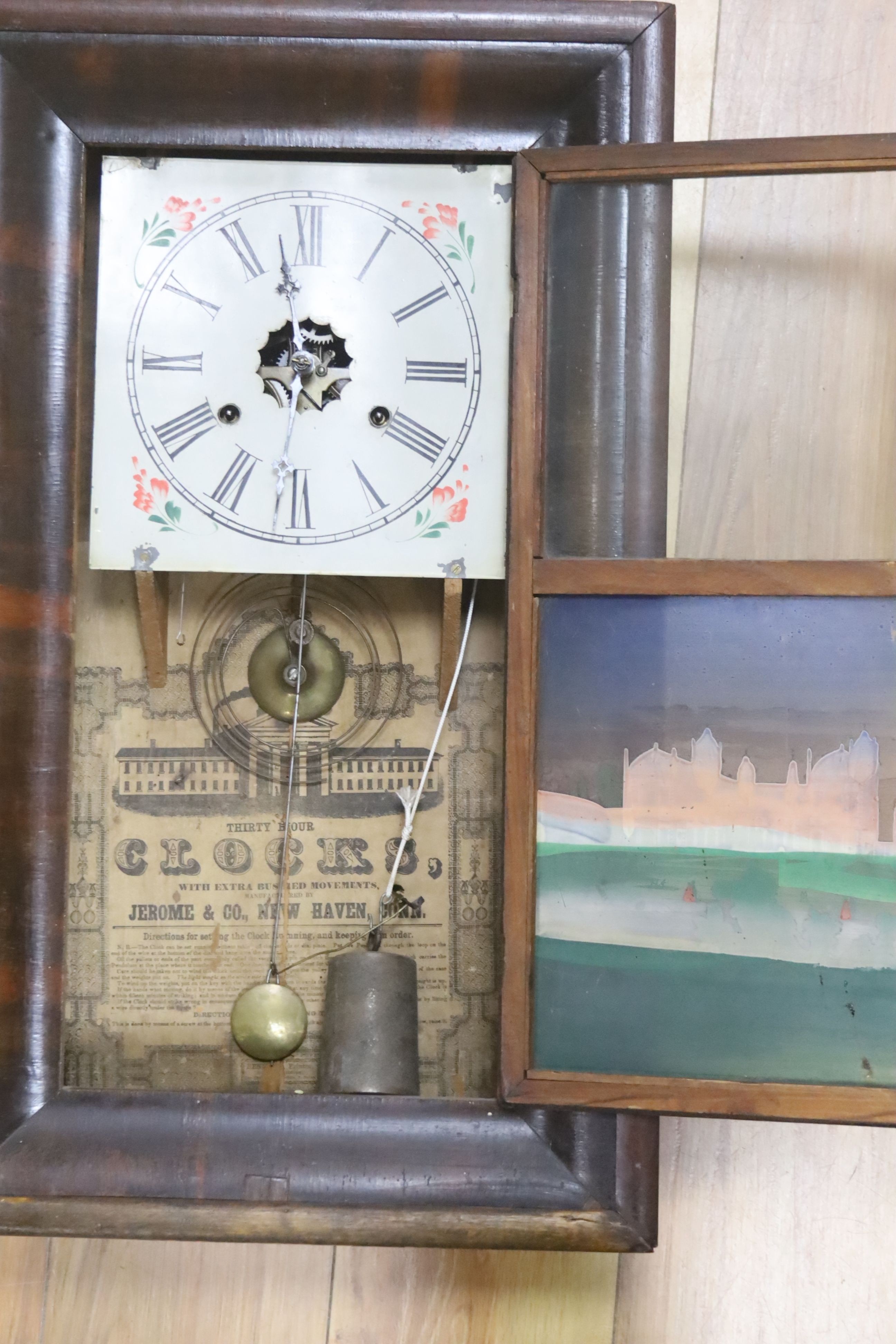 A 19th century Connecticutt shelf clock, signed Gerome & Co. in mahogany case, height 65cm